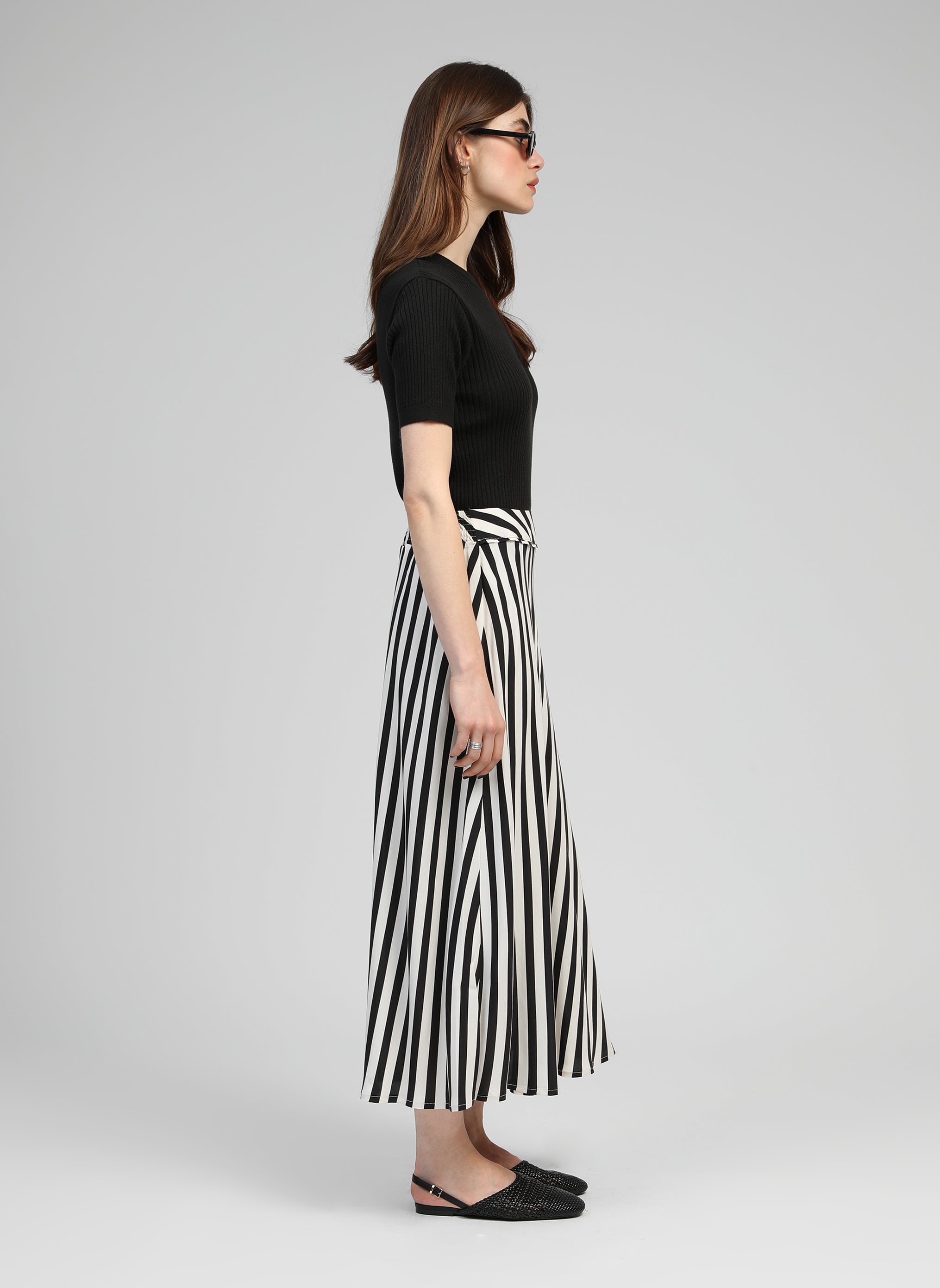 GALVILY stipe long skirt black